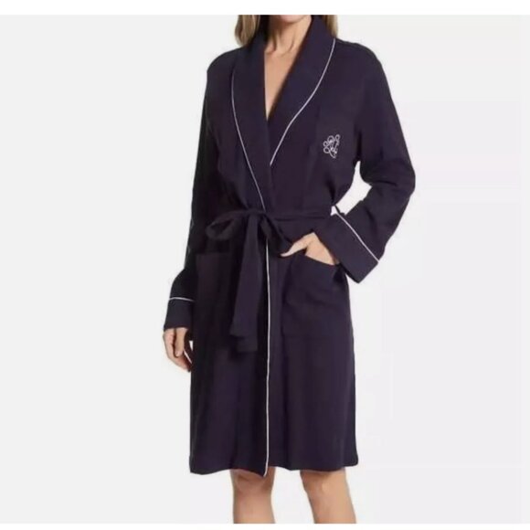 Lauren Essentials Other - Lauren Essentials Robe Womens XL Navy Blue White Pipping Quilted Collar Monogram